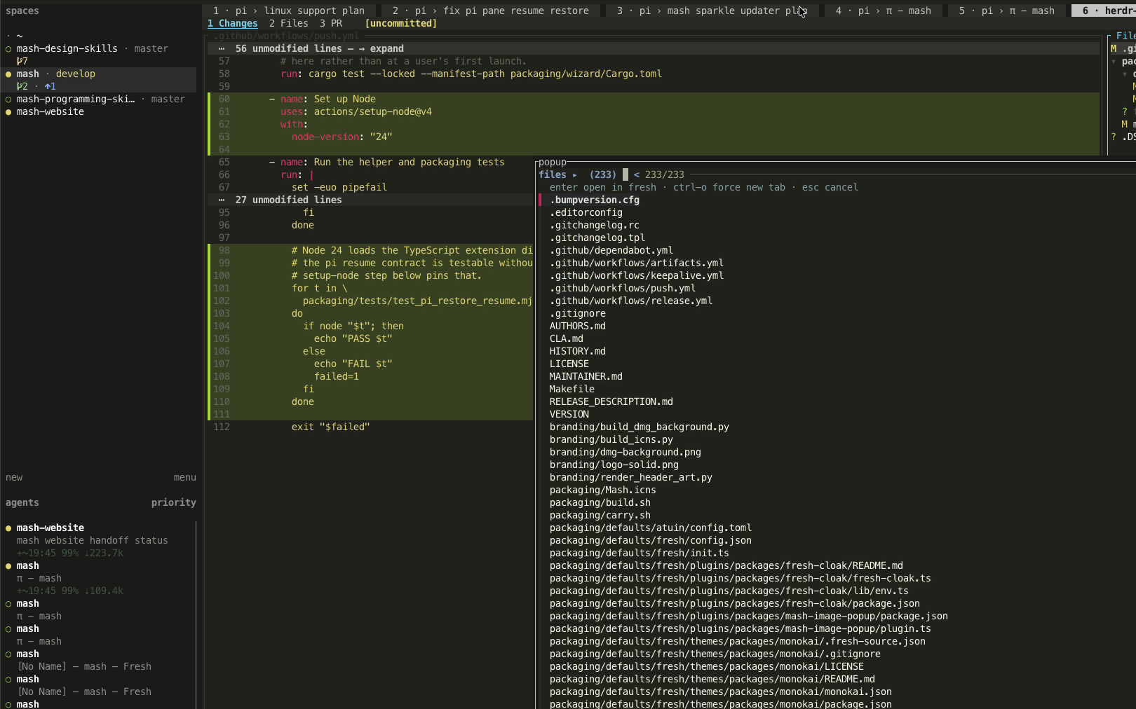 Mash's file finder open over the editor, listing the repository's files and previewing the selected one's source