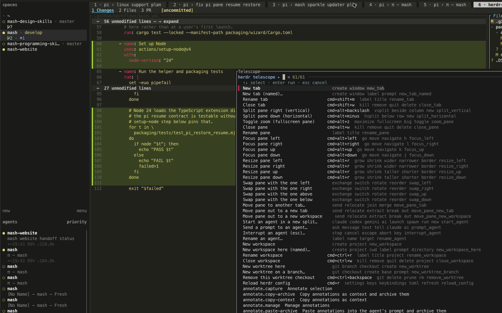 Mash's command palette open over a workspace, each command shown with the key combination that runs it