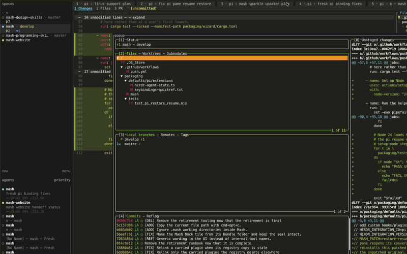 Mash's review tab showing the working diff and branch status
