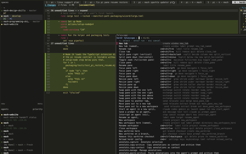 Mash's command palette listing commands with their key combinations