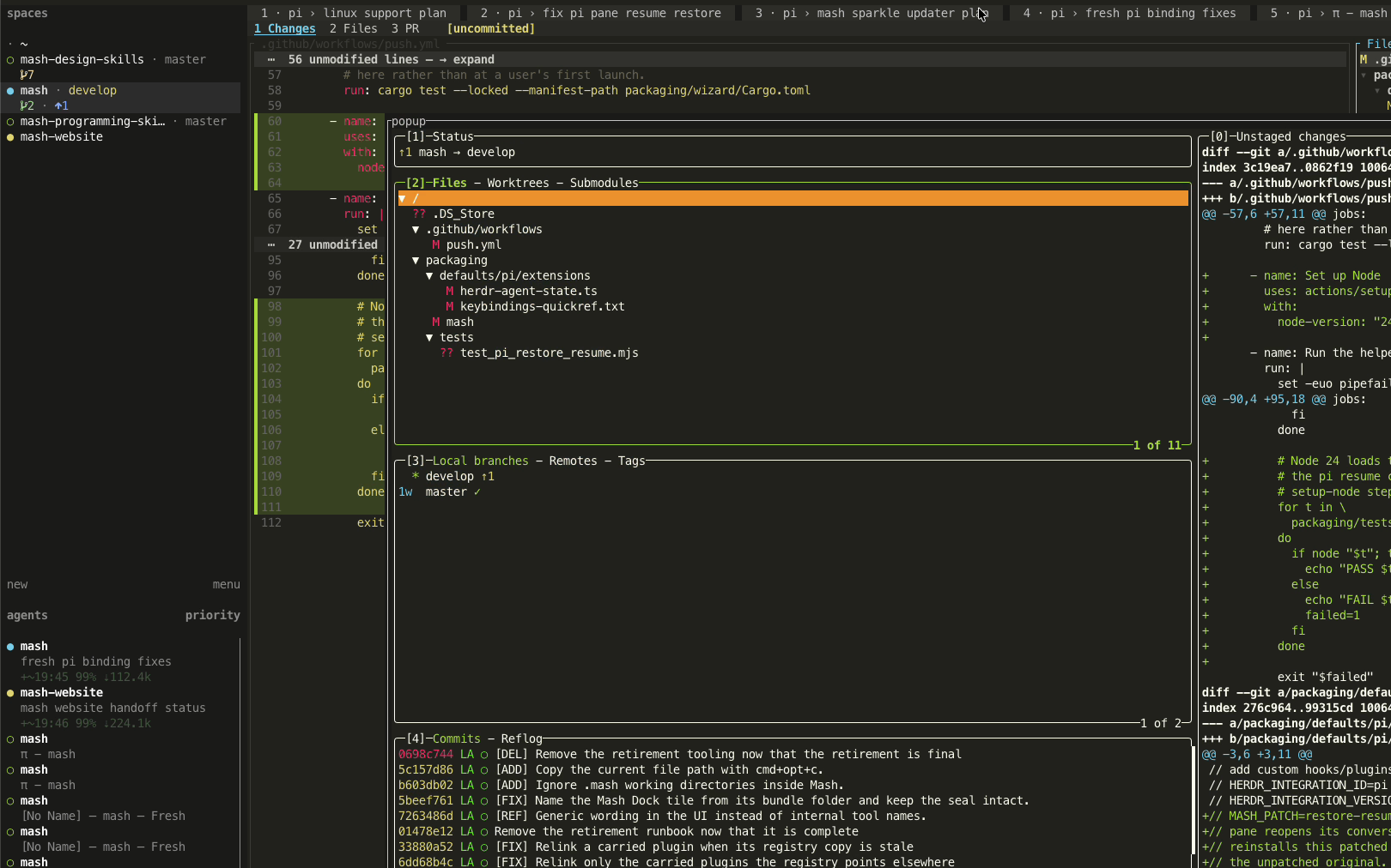 Mash's review tab: uncommitted changes, the working diff, local branches with their ahead counts, and recent commits