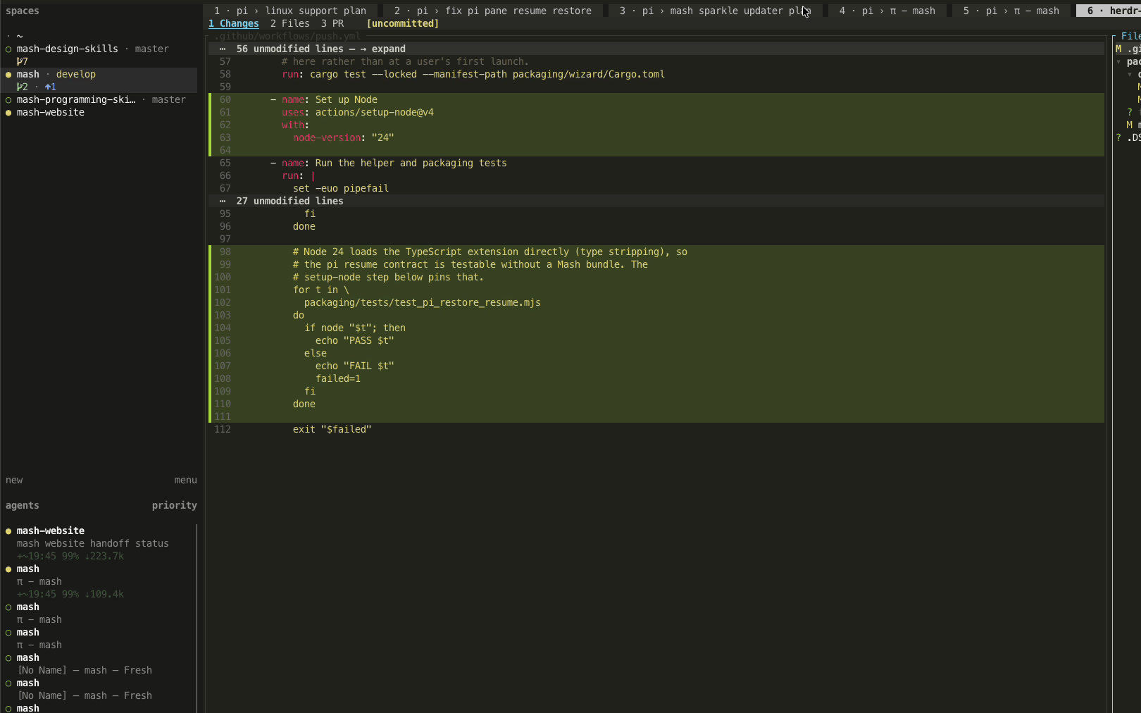 A Mash workspace: the agent sessions panel on the left, the file explorer and editor in the middle, and the agent's session notes beside them